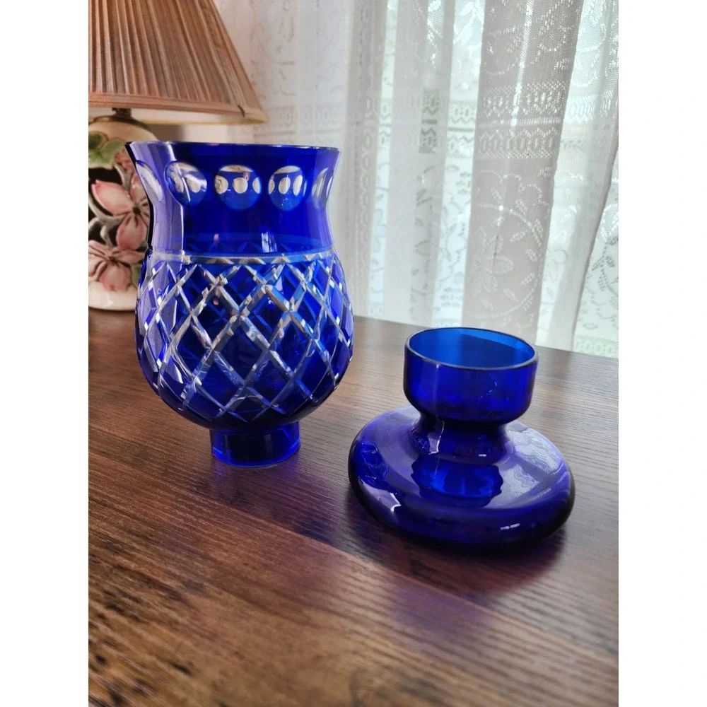 Cobalt Blue Fairy Lamp Crystal Victorian Cut Glass Hurricane Candle Cottagecore